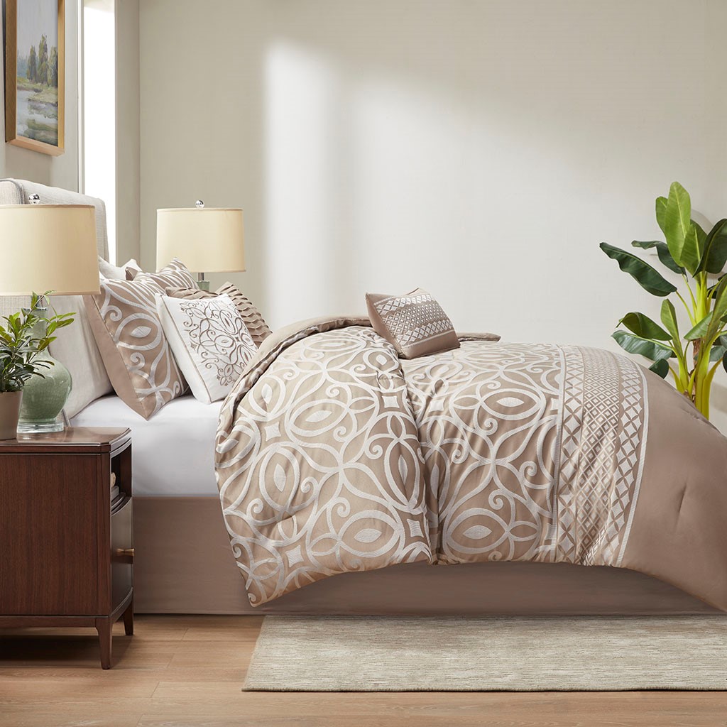 Carina 7 Piece Jacquard Comforter Queen Set Taupe Dwellings Home Trinidad